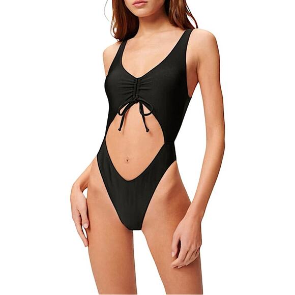 NWT Good American Black Ruched Cutout One Piece Swimsuit Size 3 Large Retail $85 - Picture 1 of 8